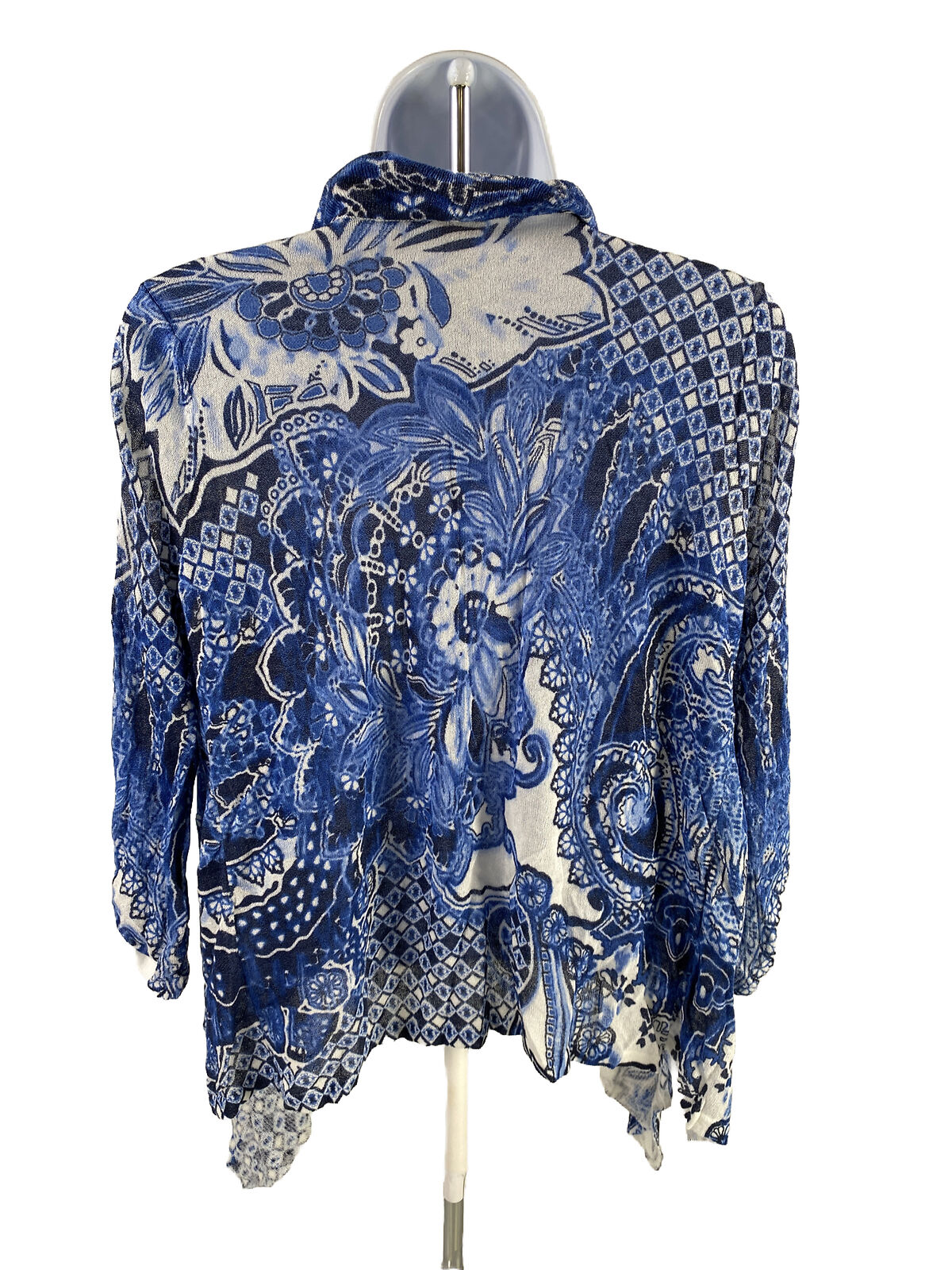 Chico's Women's Blue Floral 3/4 Sleeve Thin Knit Cardigan Sweater - 0/S