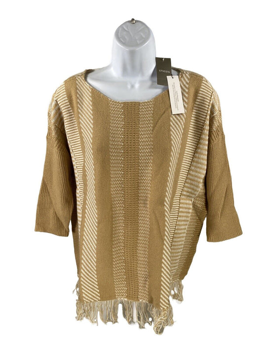 NEW Chico's Women's Beige 3/4 Sleeve Fringe Pullover Sweater - 1 US M