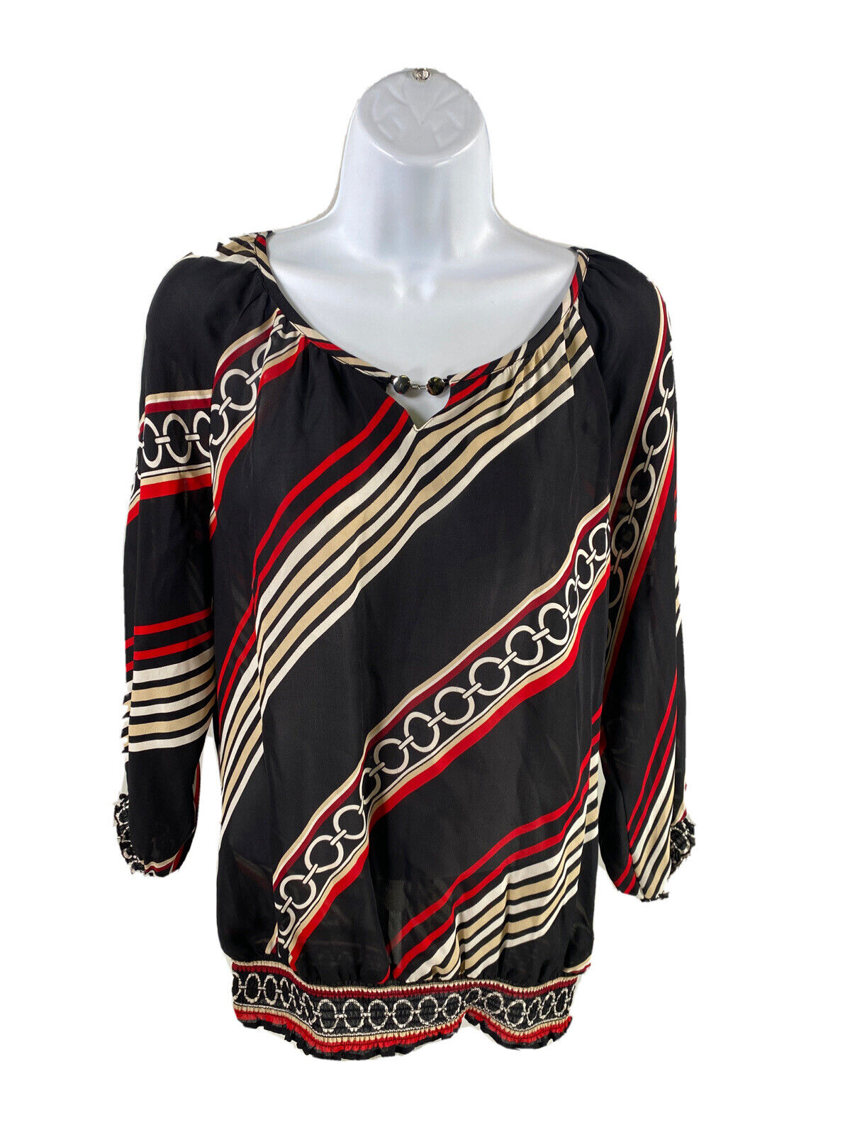 White House Black Market Women's Black Silk Sheer 3/4 Sleeve Blouse - S