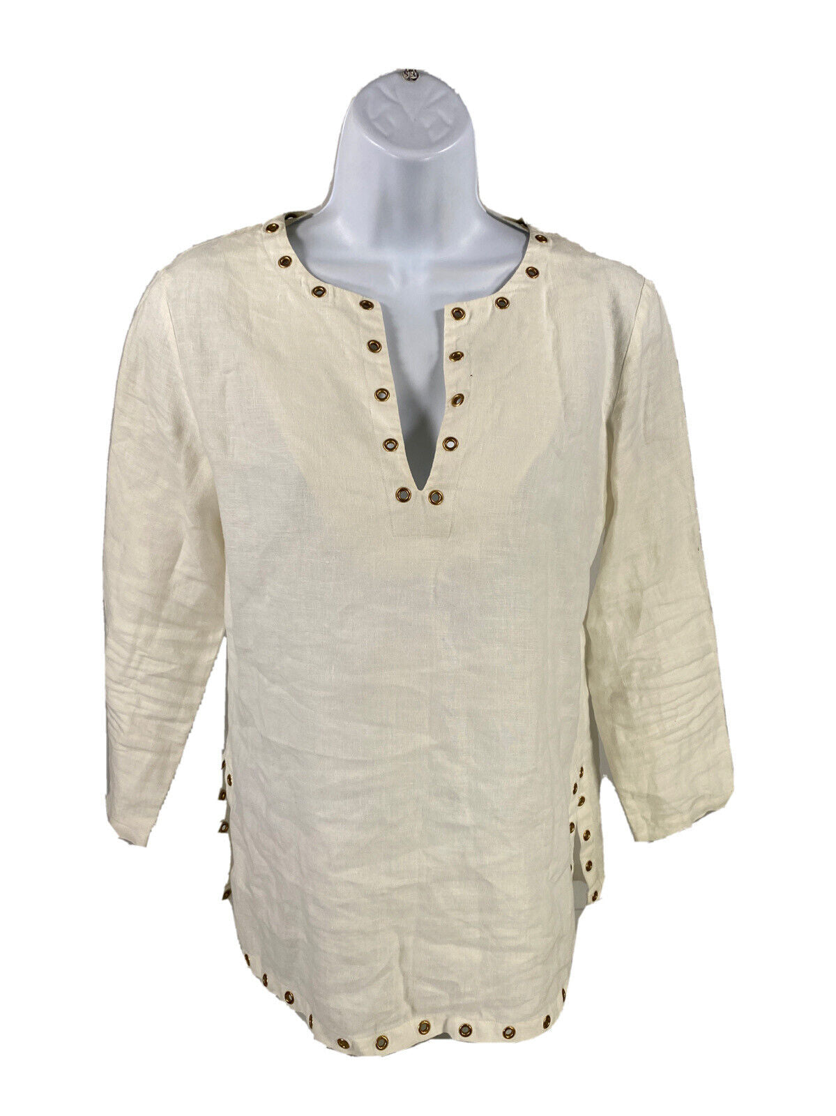 Michael Kors Women's White Long Sleeve V-Neck Embellished Shirt - XS