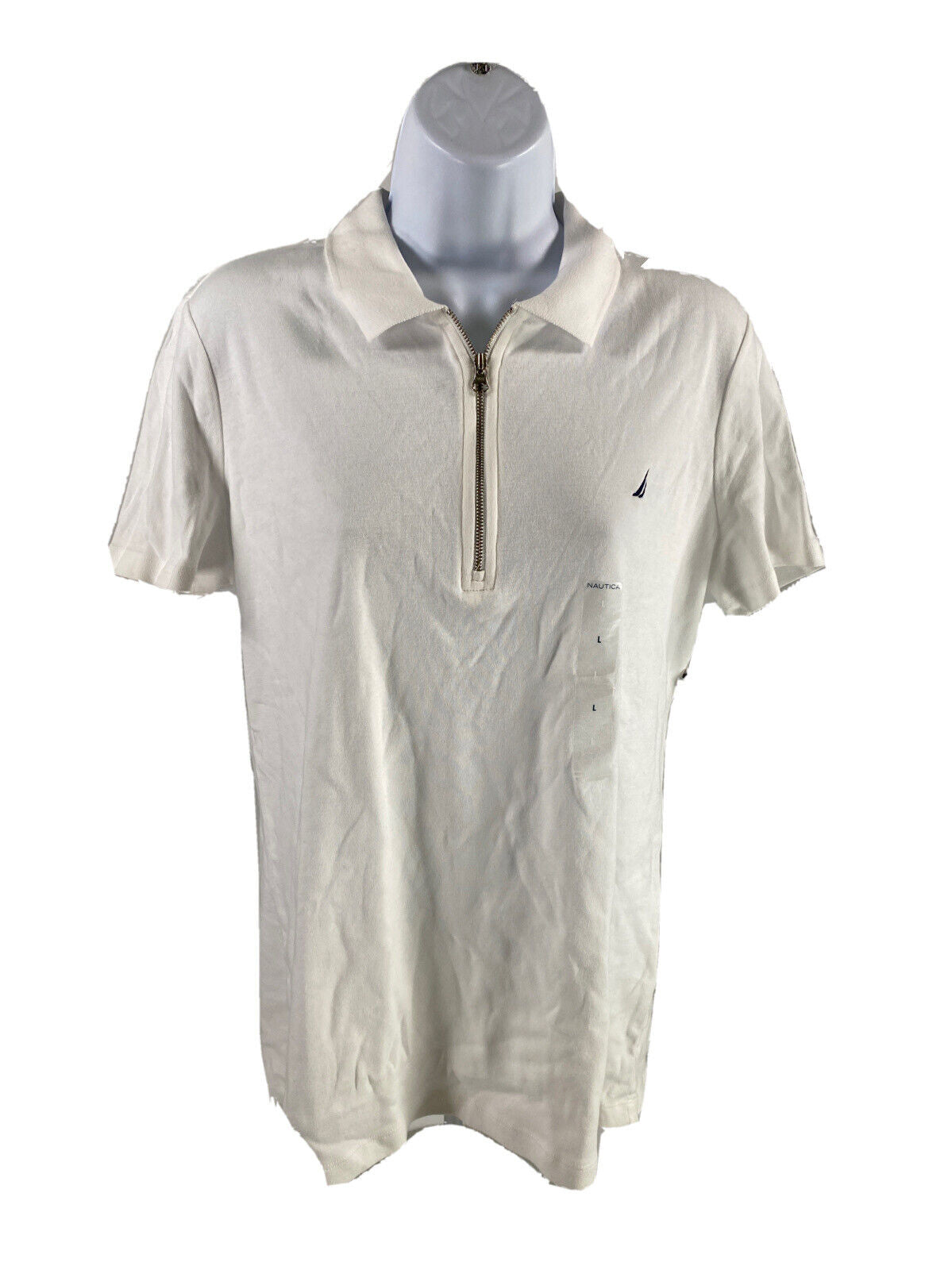NEW Nautica Women's White Short Sleeve 1/4 Zip Polo Shirt - L