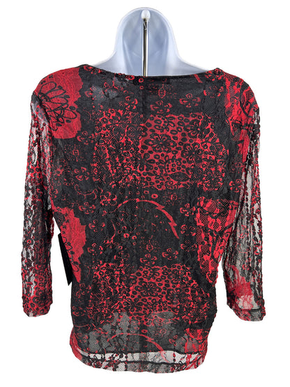 NEW Kiara Women's Red/Black Sheer Lace 3/4 Sleeve Blouse - L