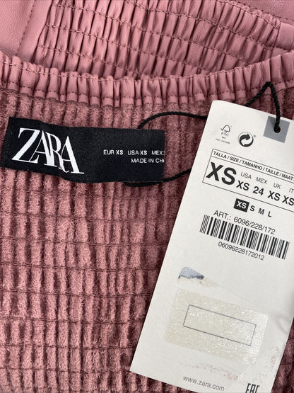 NEW Zara Women's Pink Faux Leather Marsala Long Sleeve Cropped Shirt - XS