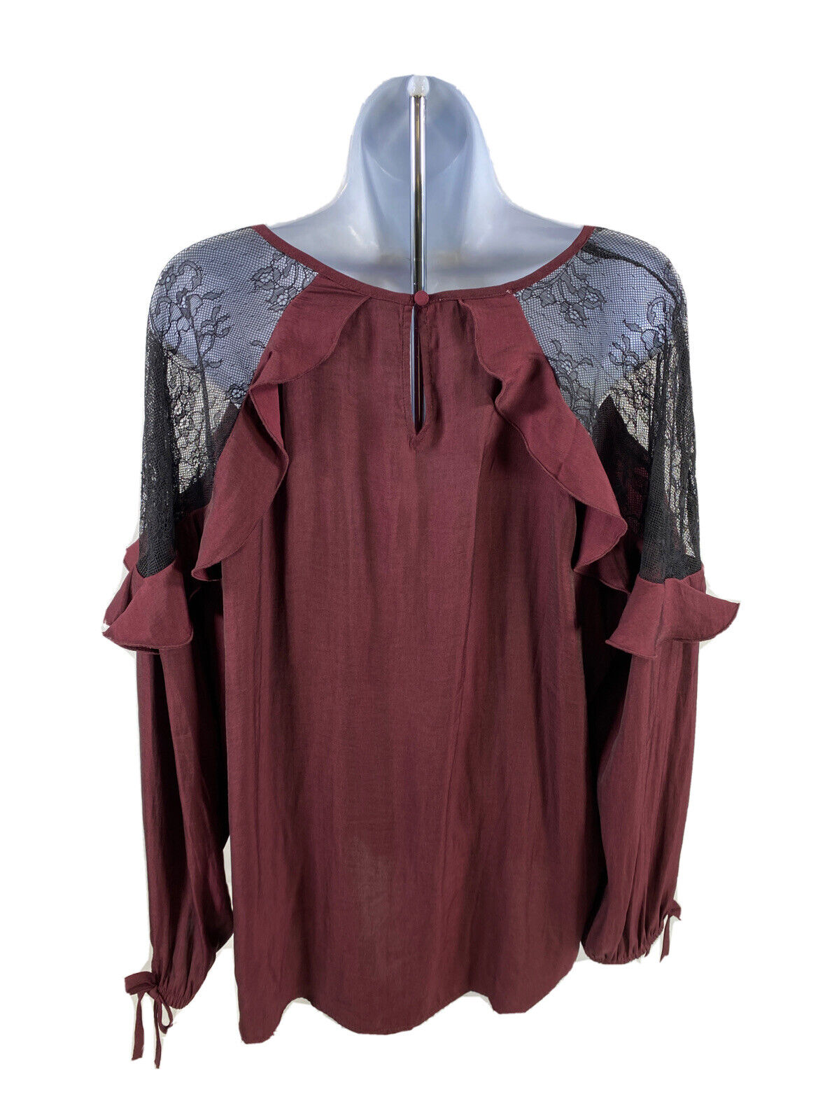 NEW Maurices Womens Dark Red Lace Shoulder Long Sleeve Ruffle Blouse - XL