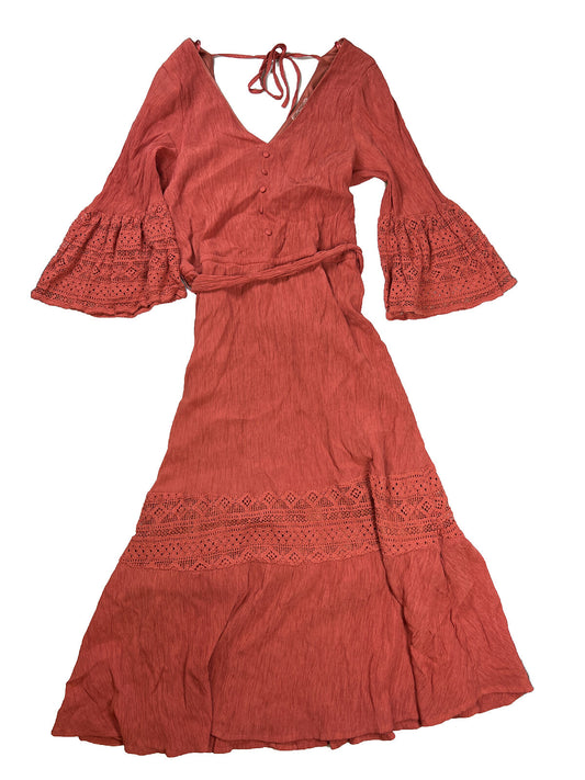Love Colette Vestido bohemio rojo con manga 3/4 de encaje para mujer - M