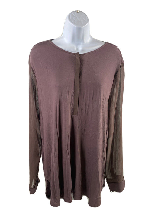 NEW LOFT Blusa frontal con botones de manga larga transparente color morado/marrón para mujer - XL