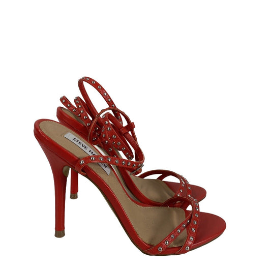 Steve Madden Women's Red Leather Wish Studded Strappy Sandals - 7