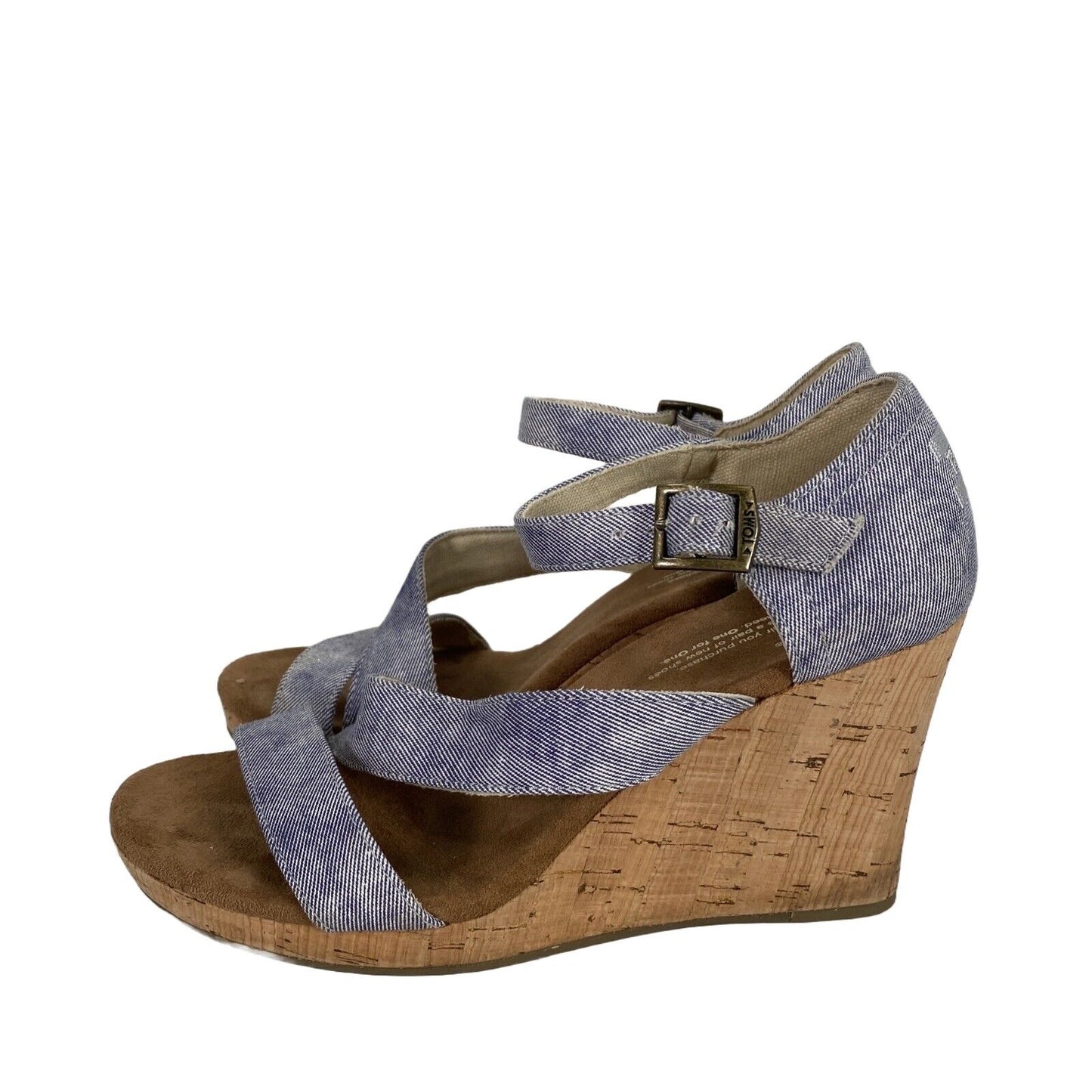 Toms Women's Blue Fabric Mary Jane Cork Wedge Sandals - 8