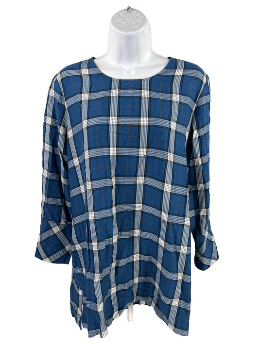 J.Jill Women's Blue Plaid Long Sleeve Hi-Low Blouse - S