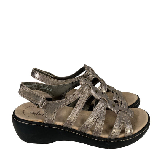 Clarks Women's Pewter Silver Leather Strappy Low Wedge Sandals - 7.5 M