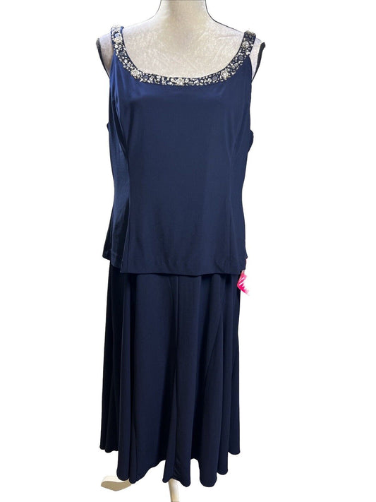 NEW Alex Evenings Women's Navy Blue Beaded Mid Length Formal Dress - 16