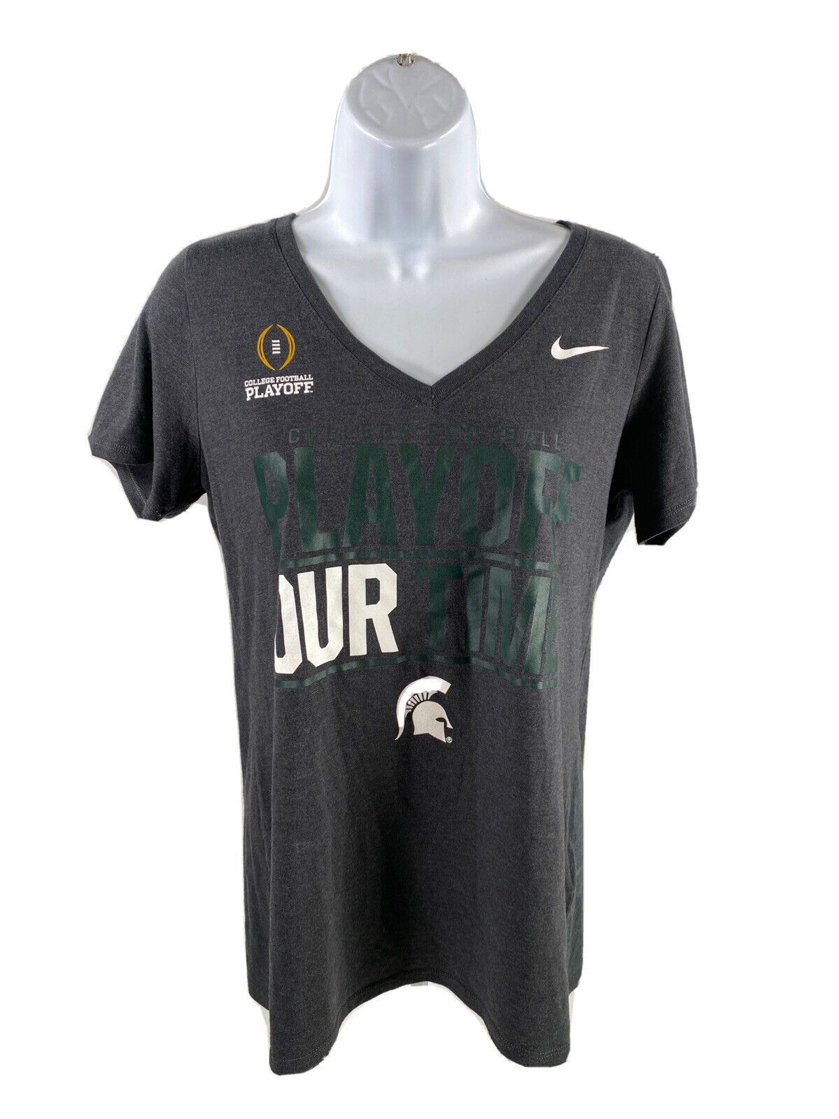 Nike Women's Gray MSU College Playoffs V-Neck Athletic Cut T-Shirt - L