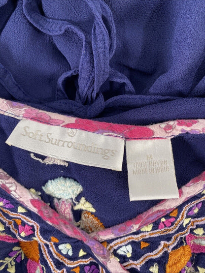 Soft Surroundings Women's Blue Embroidered V-Neck Long Sleeve Blouse - M