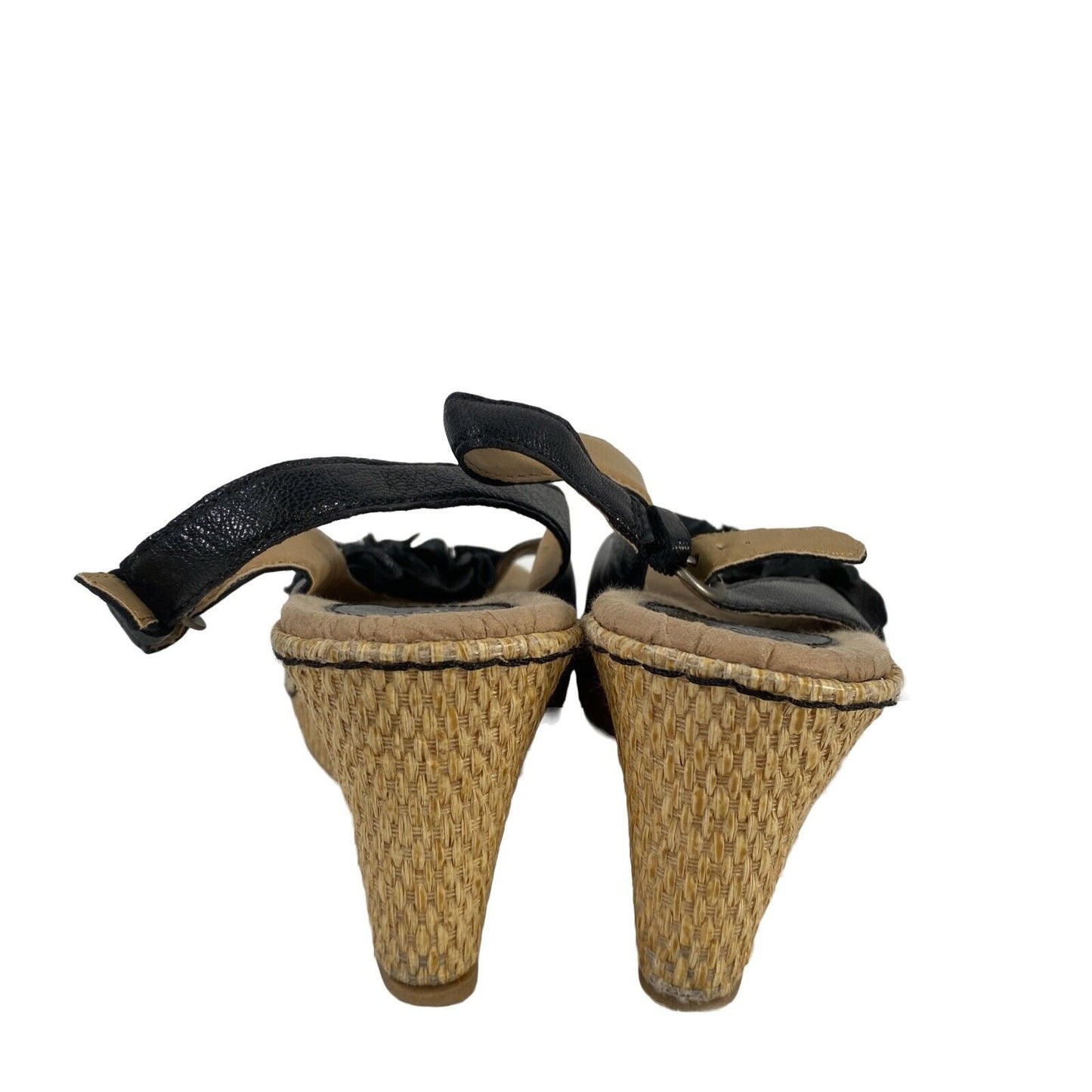 BOC Women's Black Leather Slingback Floral Accent Wedge Sandals - 8