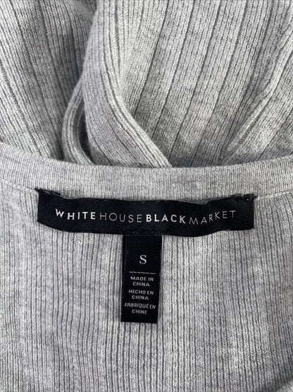 White House Black Market Suéter gris con hombros descubiertos y volantes para mujer - S