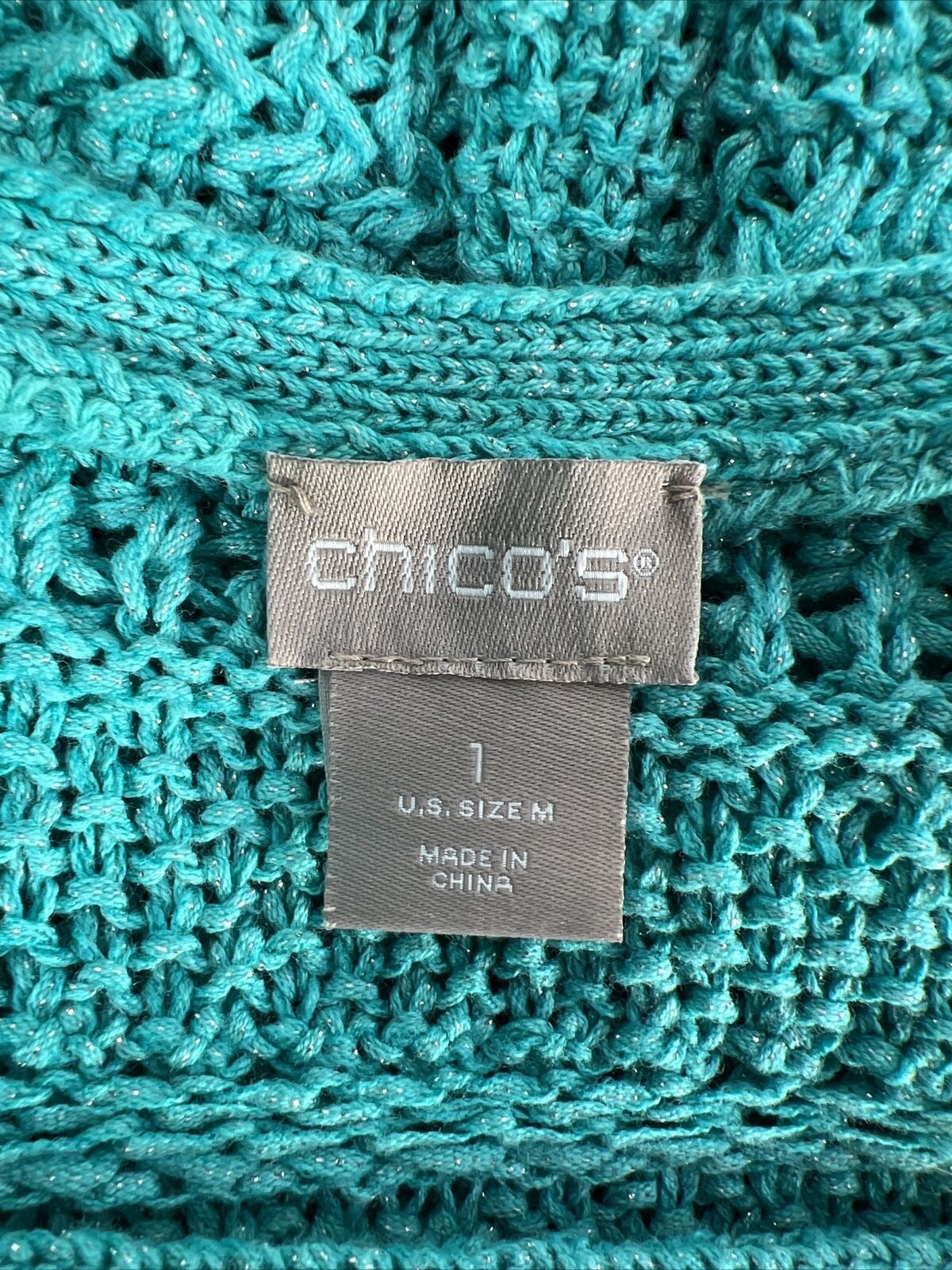 Chico's Women's Blue Metallic Chunky Knit 3/4 Sleeve Sweater - 1/US M