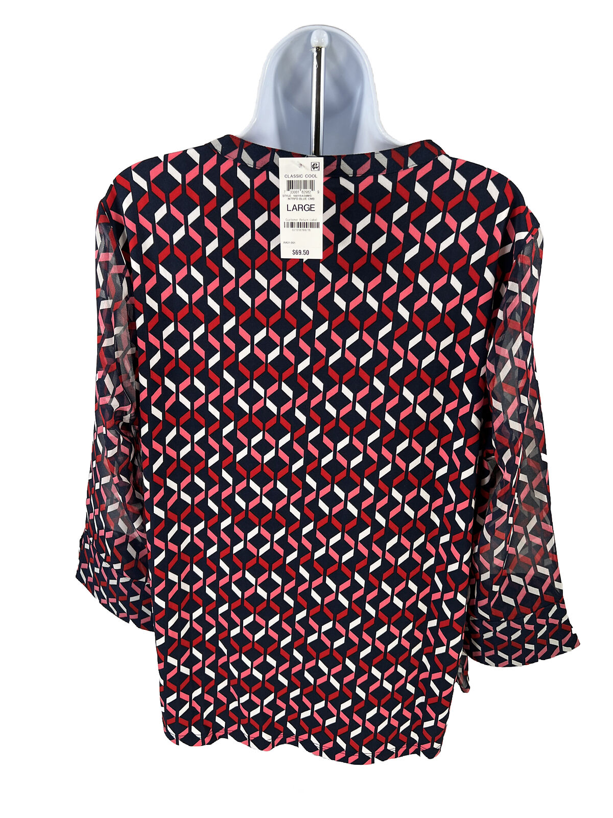 NEW Charter Club Women's Blue/Red 3/4 Sleeve Sheer Top Blouse - L