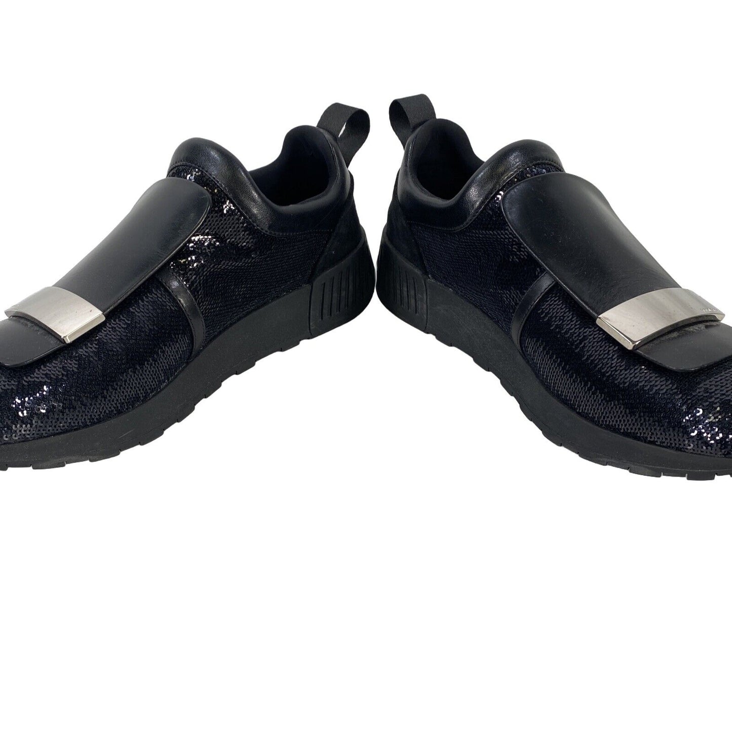 Segio Rossi Zapatillas sin cordones de cuero de buceo con lentejuelas negras para mujer - 38/US 8