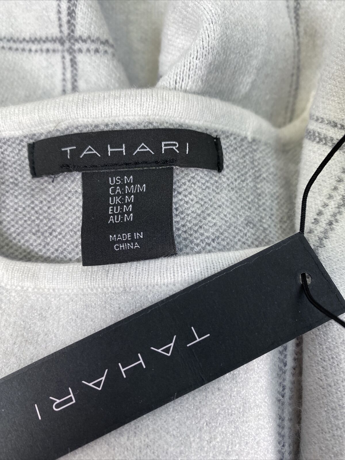 NEW Tahari Women's White Windowpane 3/4 Sleeve Pullover Sweater Sz M