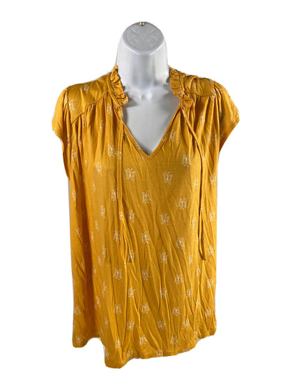 NEW LOFT Women's Yellow Sleeveless Ruffle Front V-Neck T-Shirt - L
