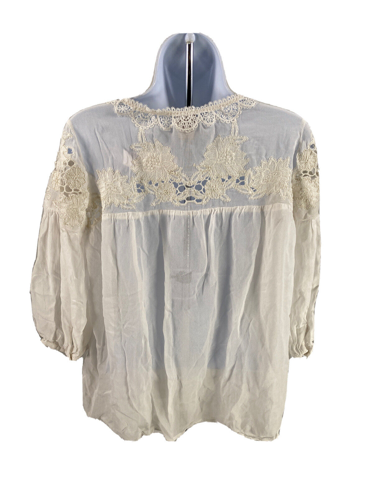 Chico's Women's White Sheer Lace Beaded 3/4 Sleeve Blouse - 0 (4/6)