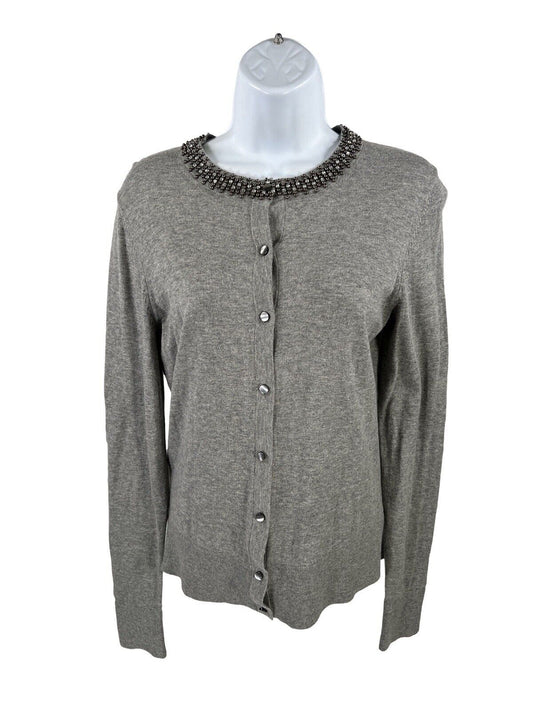 Ann Taylor Women's Gray Beaded Neck Long Sleeve Cardigan Sweater - M