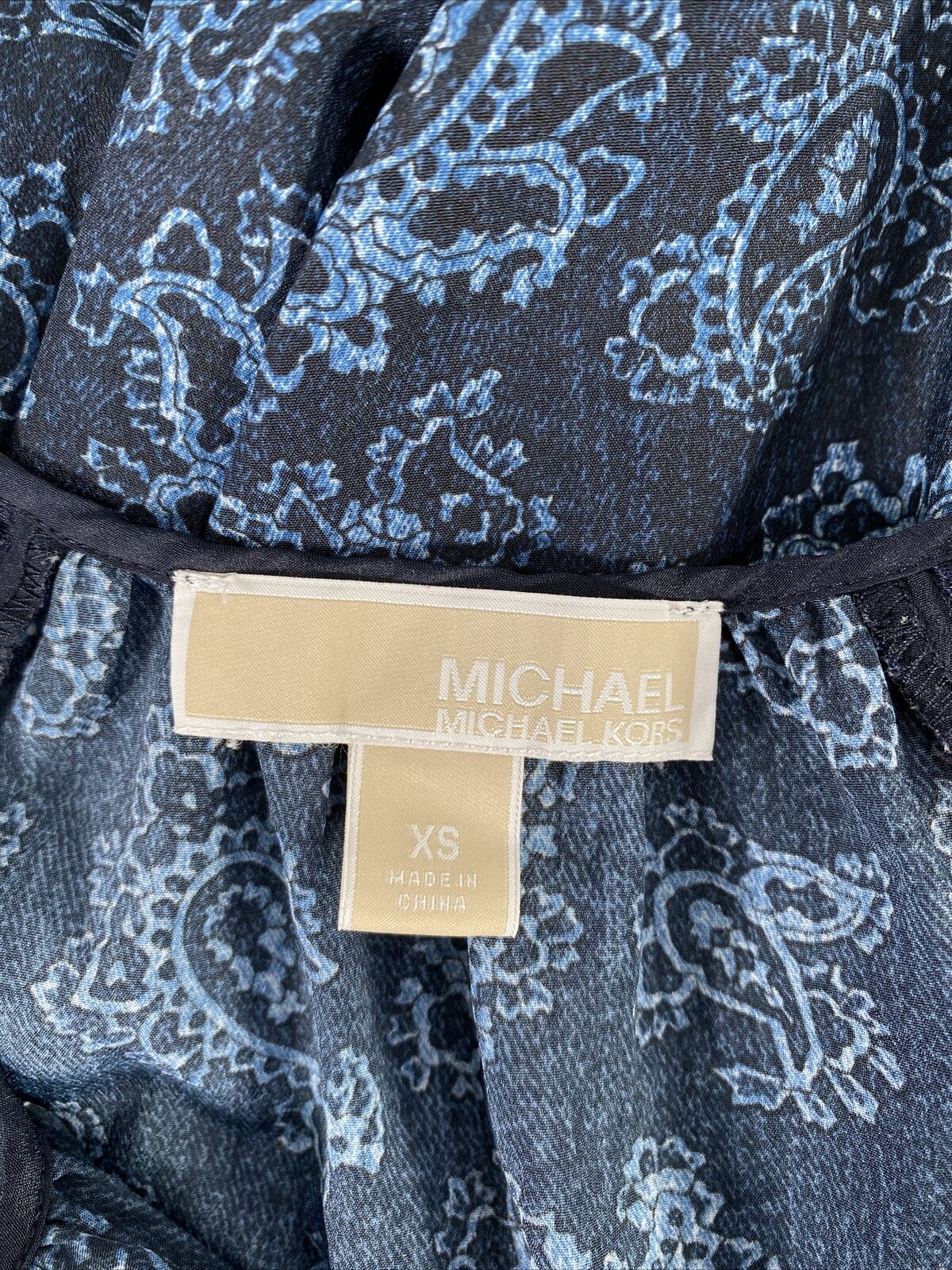 Michael Kors Women's Blue Paisley 3/4 Sleeve V-Neck Blouse Top - XS