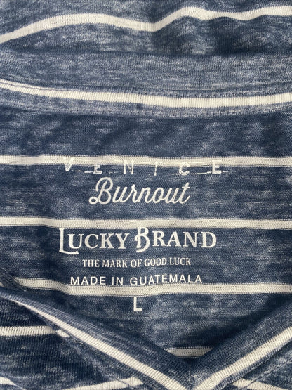 Lucky Brand Women's Blue/White Striped Venice Burnout V-Neck T-Shirt Sz L