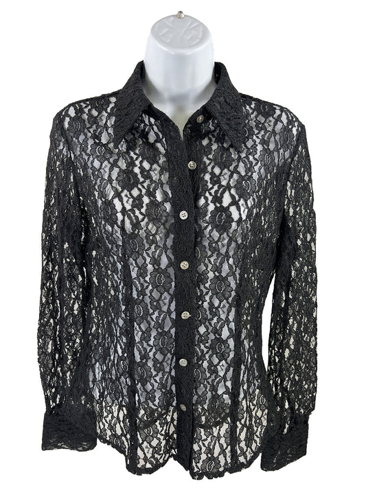 Ann Taylor Women's Black Sheer Lace Button Up Shirt - 6