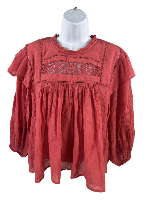 Free People Women's Red/Pink Western Ruffle Lace Top - M