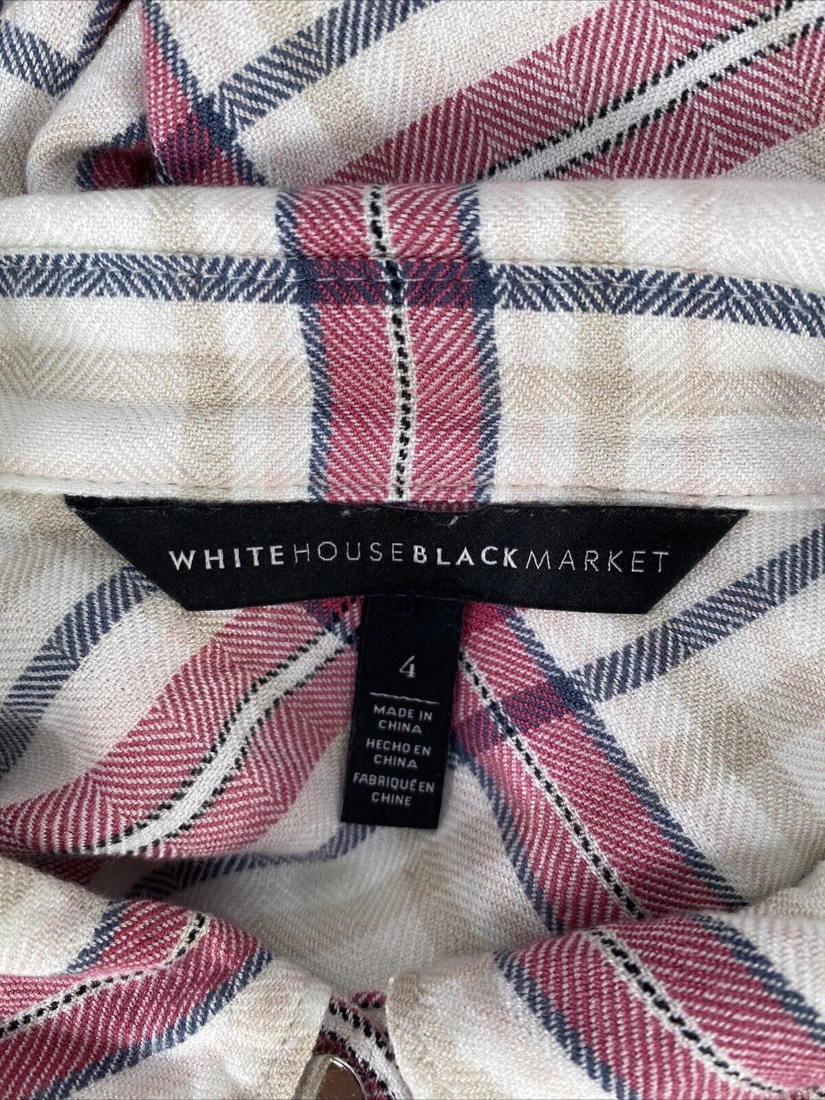 White House Black Market Women's White/Pink Plaid Button Up Shirt - 4