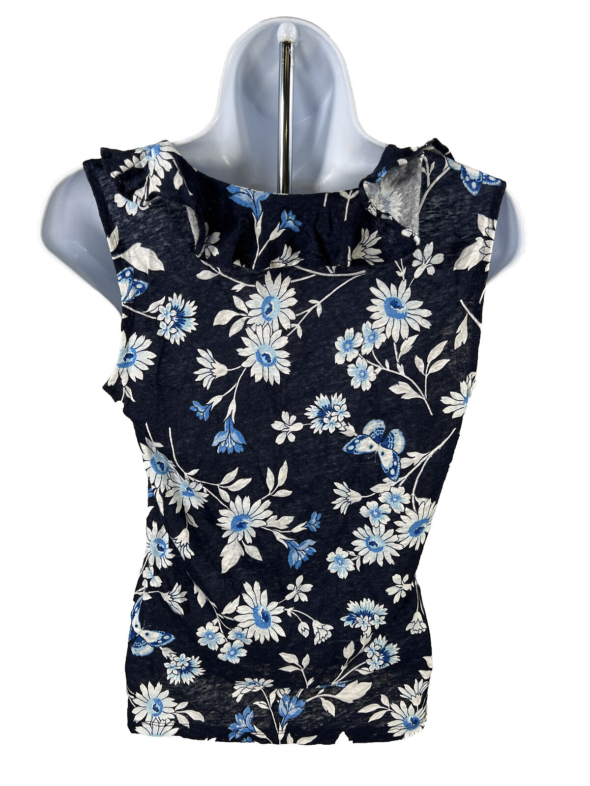 NUEVO Camiseta sin mangas con cuello con volantes y flores azules de Ann Taylor para mujer - XS