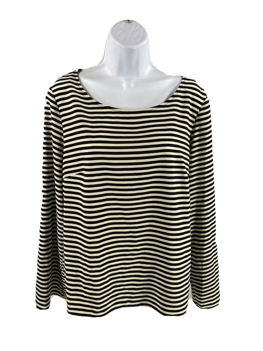 Calvin Klein Women's White/Black Striped Roll Tab Sleeve Blouse - L