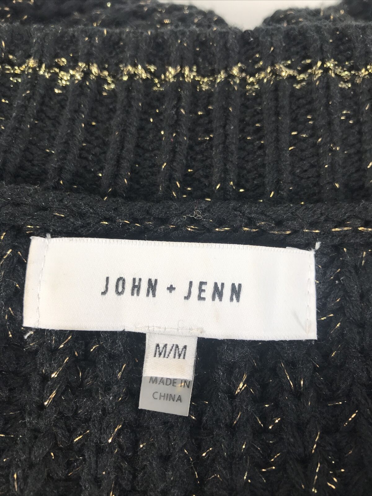 John + Jenn Suéter de cuello en V de punto grueso negro/dorado para mujer Sz M
