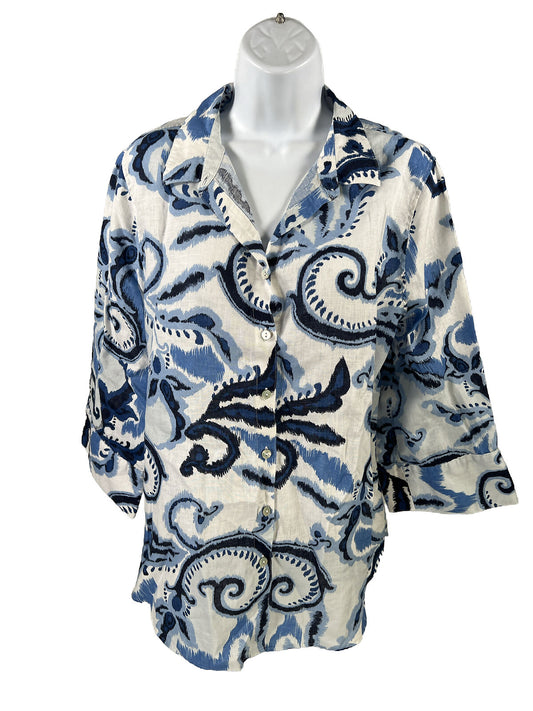 Chico's Women's Blue/White Linen 3/4 Sleeve Button Up Shirt - 2/12