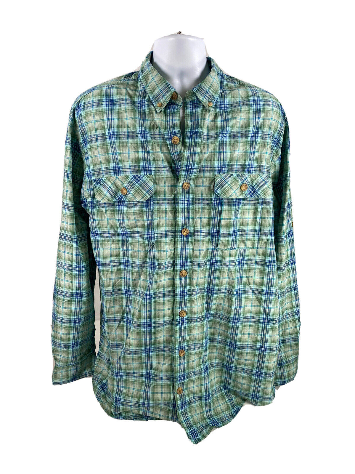 Duluth Trading Men's Green Plaid Standard Fit Button Up Shirt - L Tall