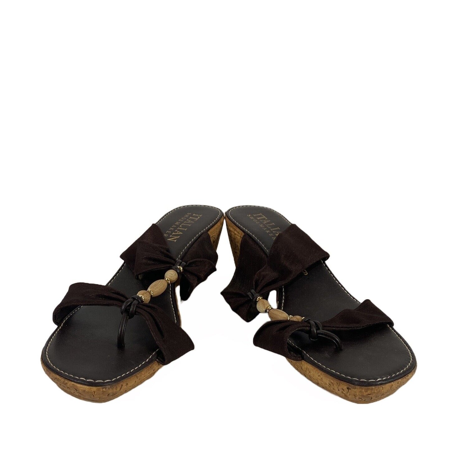 Italian Shoemakers Women's Brown Fabric Beaded Cork Wedge Sandals - 9