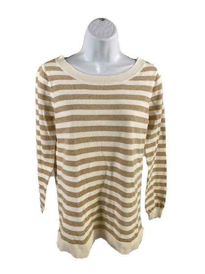 Michael Kors Women's White/Gold Metallic Striped Thin Knit Sweater - M
