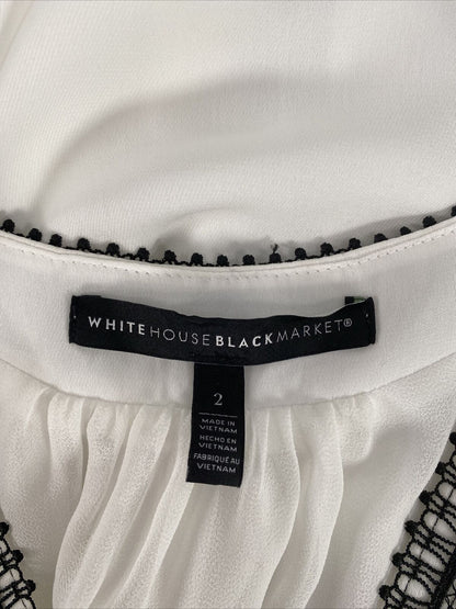 White House Black Market Women's White Lace Accent Button Up Blouse - 2