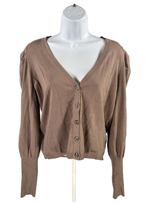 Tahari Women's Brown Long Sleeve Button Poof Shoulder Sweater - M