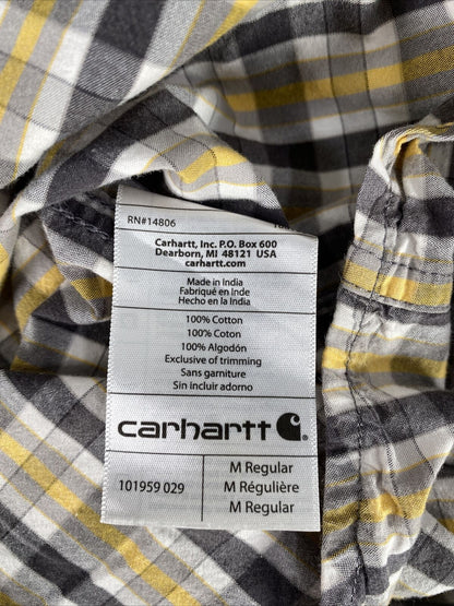 Carhartt Camisa con botones de ajuste relajado de manga corta gris/amarillo para hombre - M