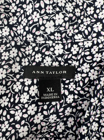 Ann Taylor Women's Navy Blue Floral Tie Neck Sleeveless Top - XL