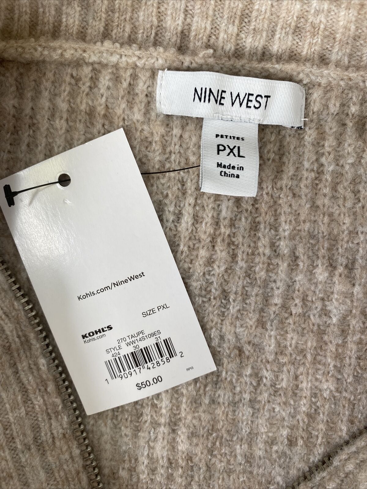 Neuf Nine West Pull en tricot beige 1/4 zip pour femme Sz PXL