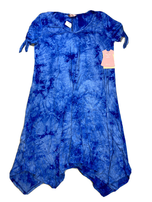 NUEVO Vestido estilo camiseta teñido anudado de manga corta azul de SJS para mujer - M
