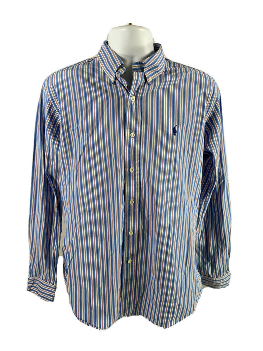 Ralph Lauren Men's Blue Striped Custom Fit Button Up Shirt - L