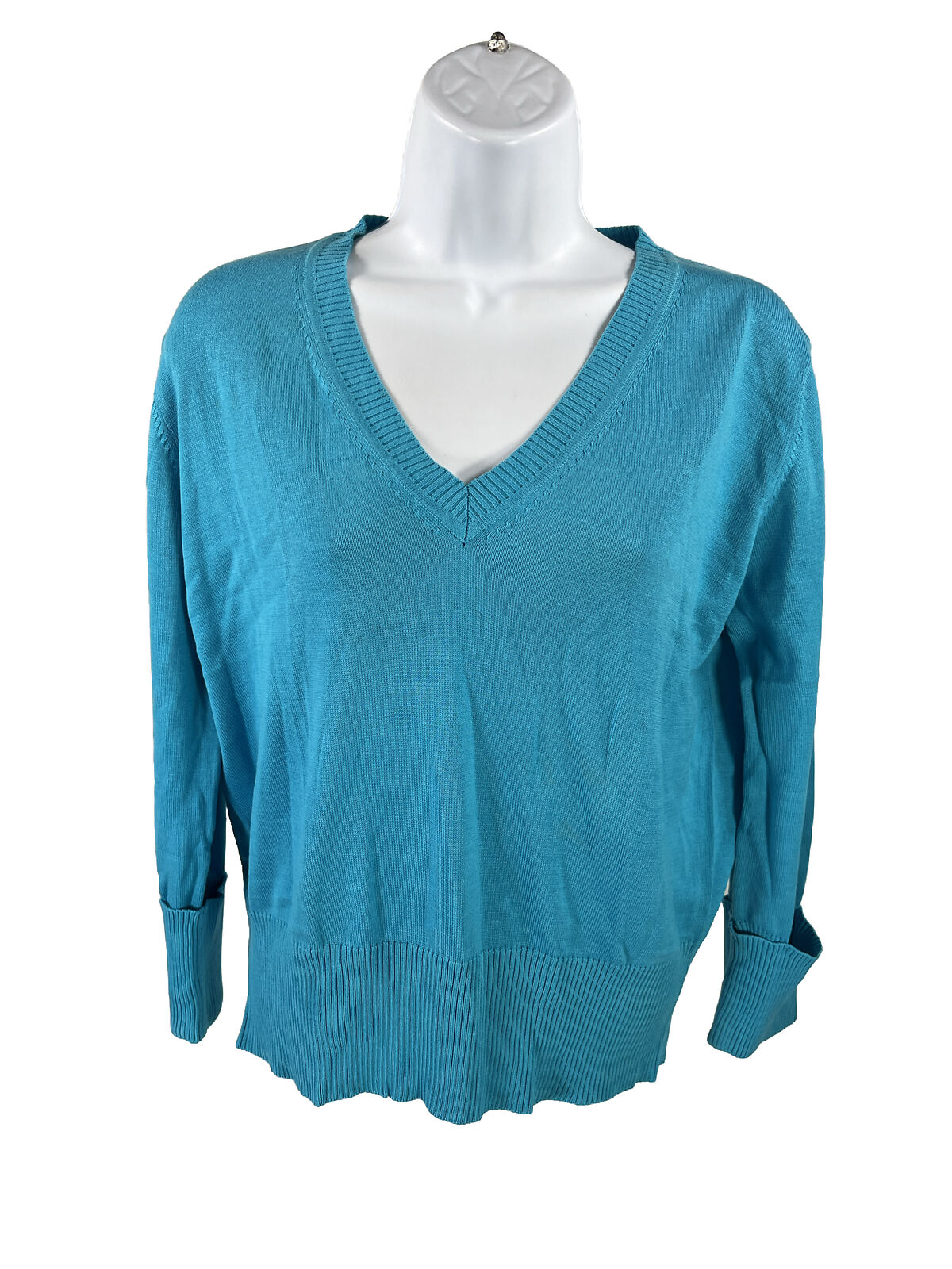 NEW Votre Nom Women's Blue Silk Blend Long Sleeve V-Neck Sweater - XL