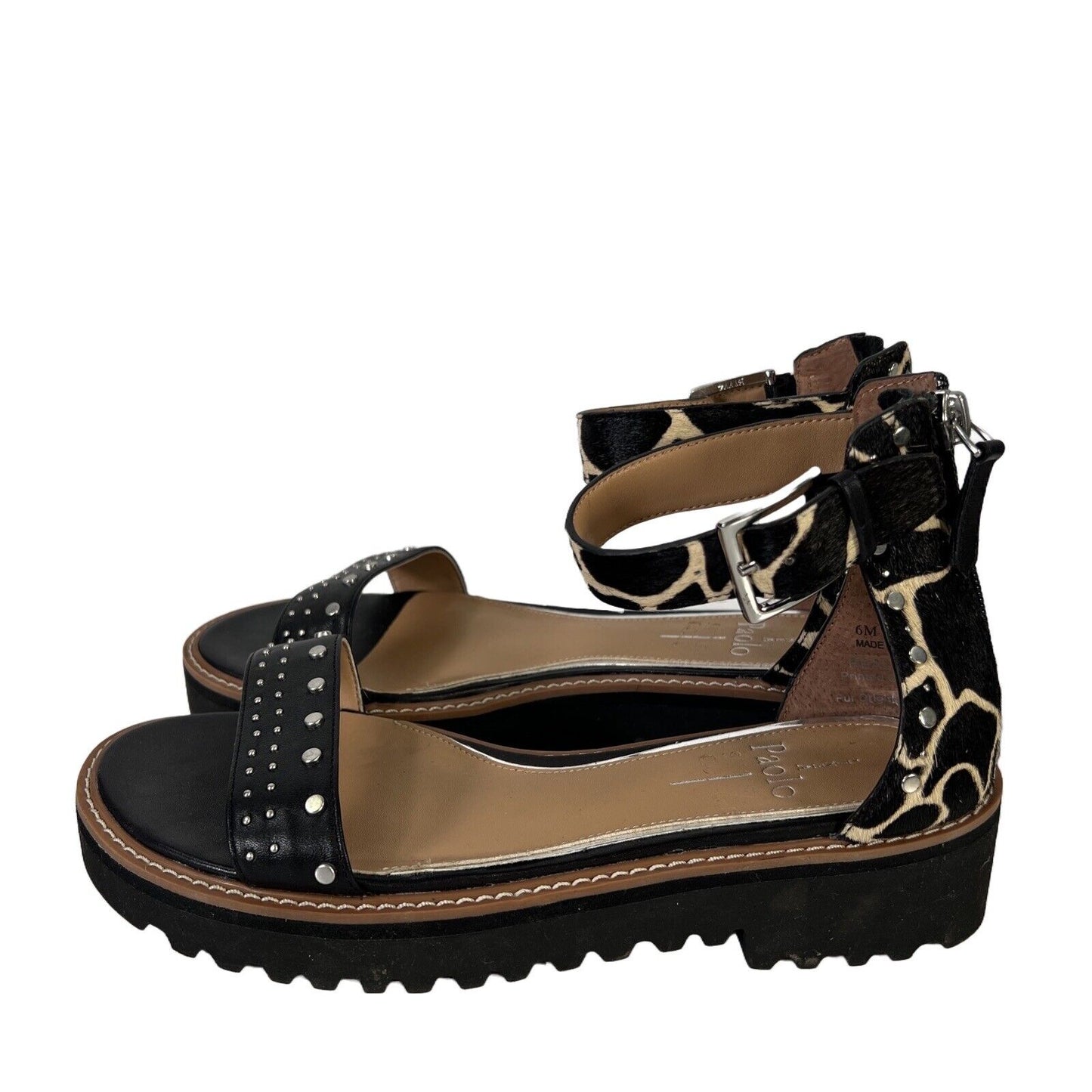 Linea Paolo Women's Black/Beige Ankle Strap Calf Hair Platform Sandals -6