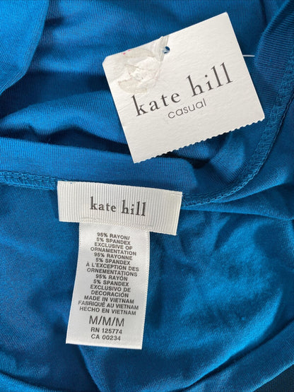 NEW Kate Hill Women's Blue Rhinestone Neck Long Sleeve Top Blouse - M