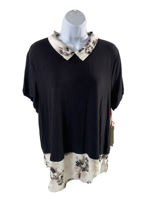 NUEVO Blusa con cuello y manga corta floral negra para mujer Elle - XL