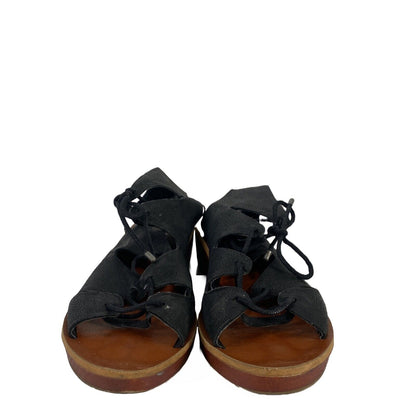 Lucky Brand Women's Black Leather Lace Up Wood Wedge Sandals - 7.5 M